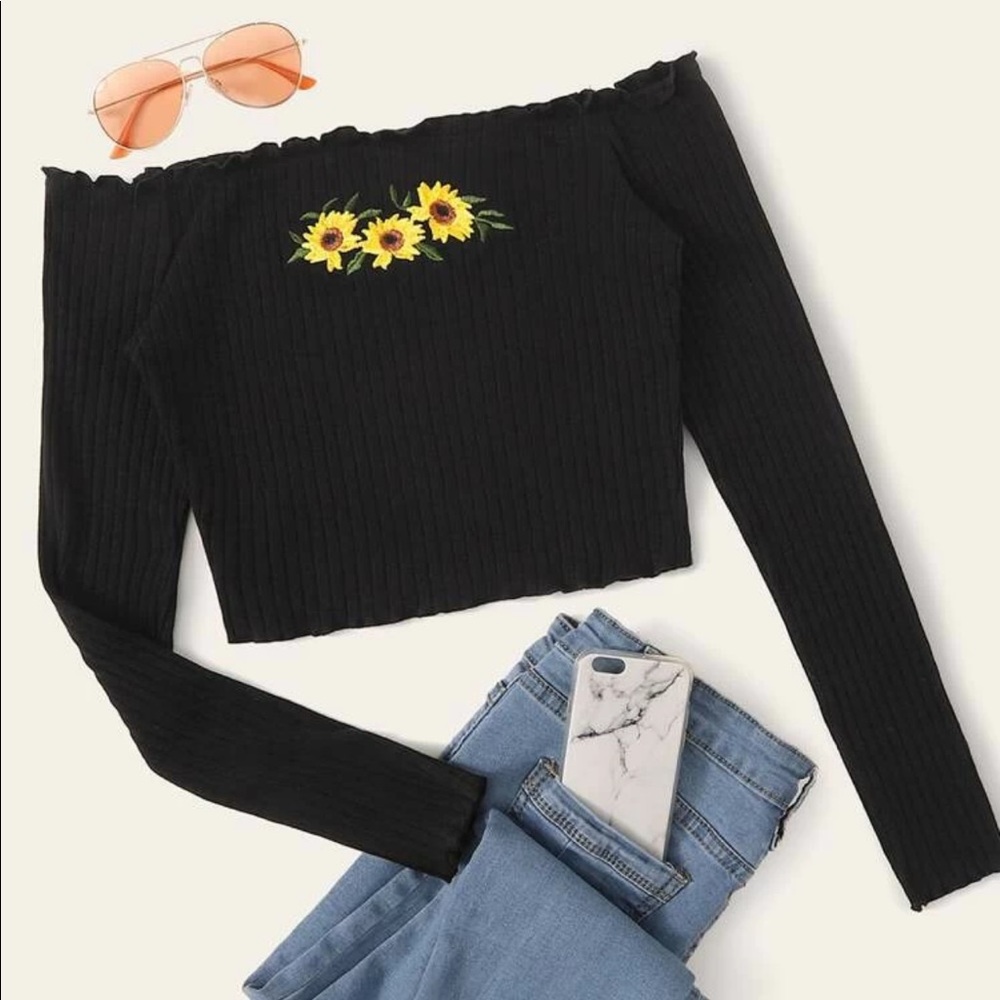 Sunflower Embroidered Off the Shoulder Crop Top